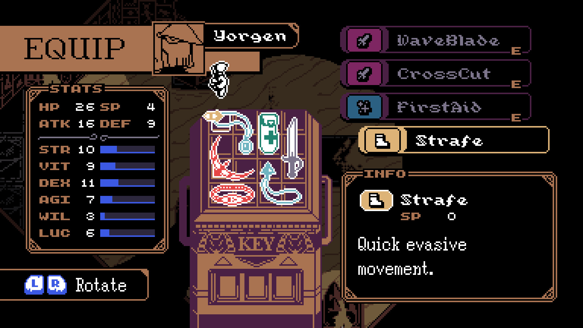 HIEROSAGA: Overture screenshot 2, depicting the EQUIP menu with various artifacts
