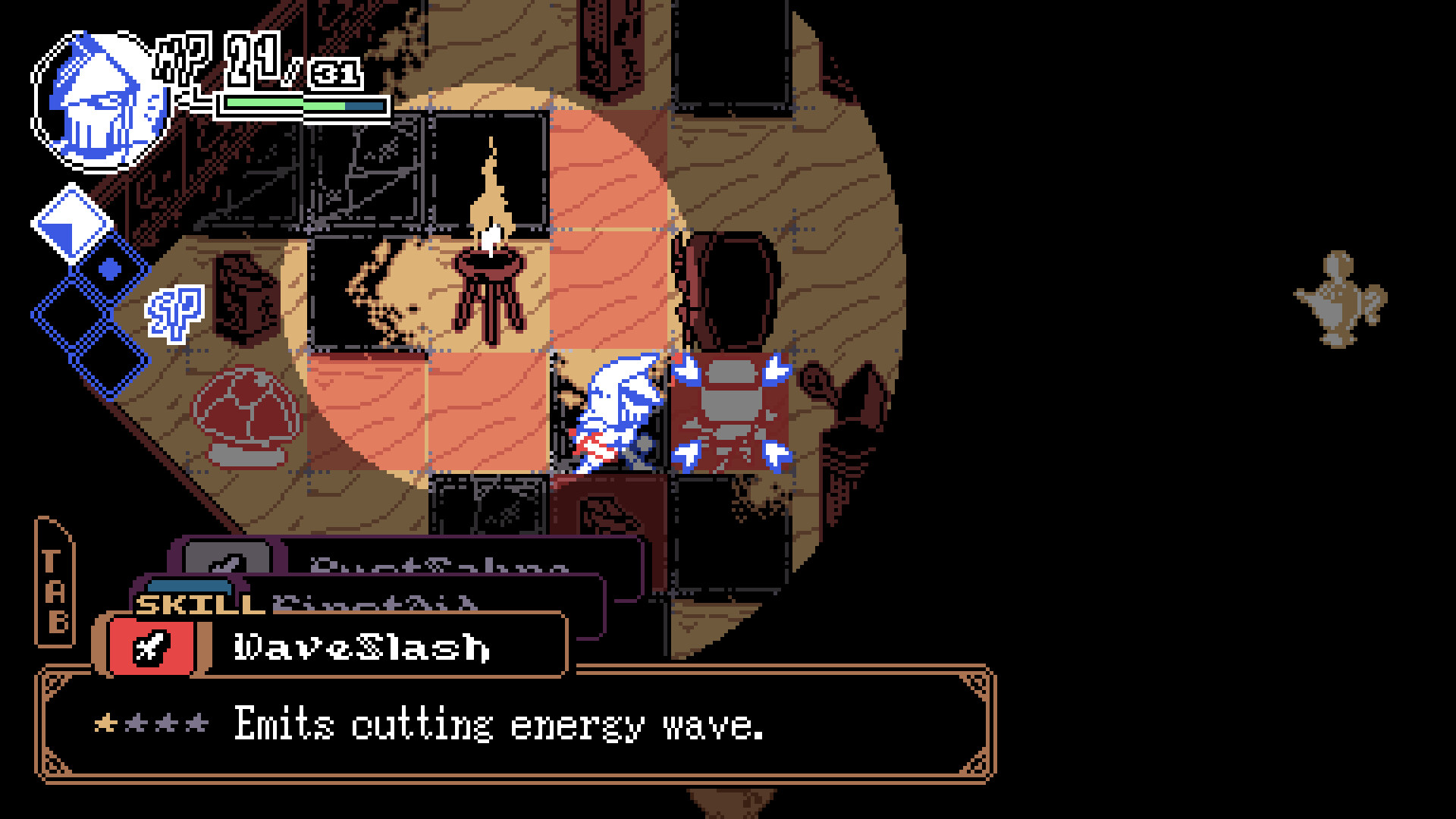 HIEROSAGA: Overture screenshot 4, depicting the combat flow with the SKILL menu open